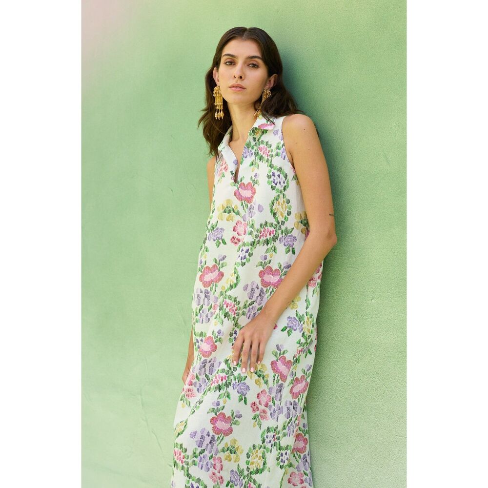 SISA XL NWT Ivory Floral Ikat Sleeveless Midi Dress linen printed beaded ruffle